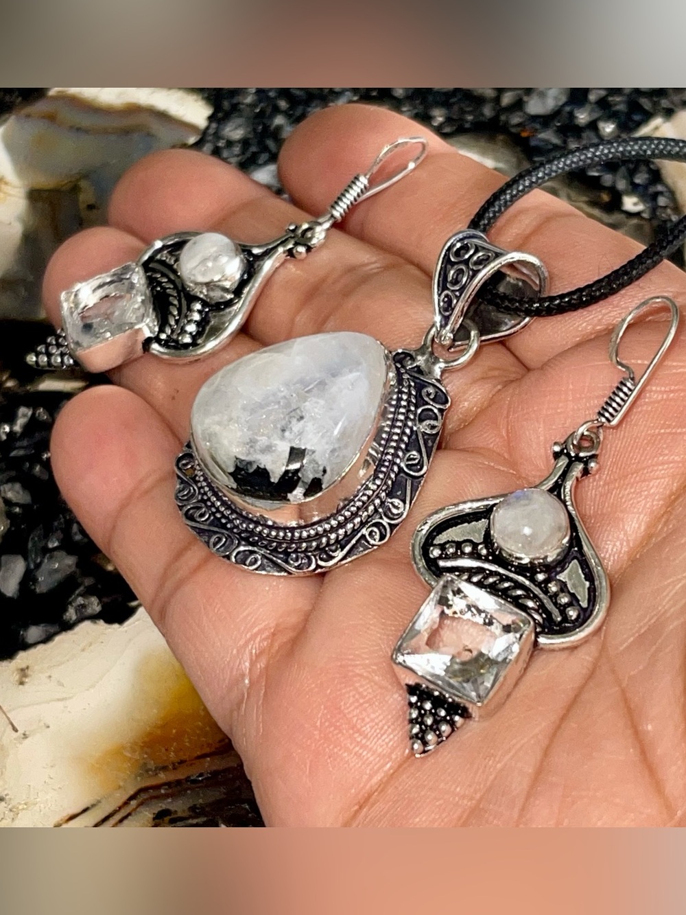Beautiful Set of Rainbow Moonstone Pendant & Earrings